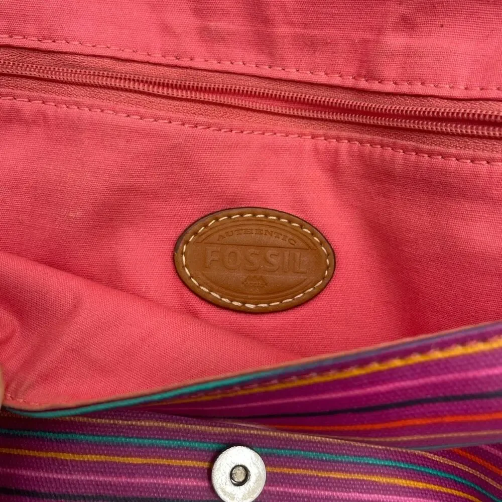 FOSSIL pink crossbody bag coated fabric waterproof stripped magnetic closure